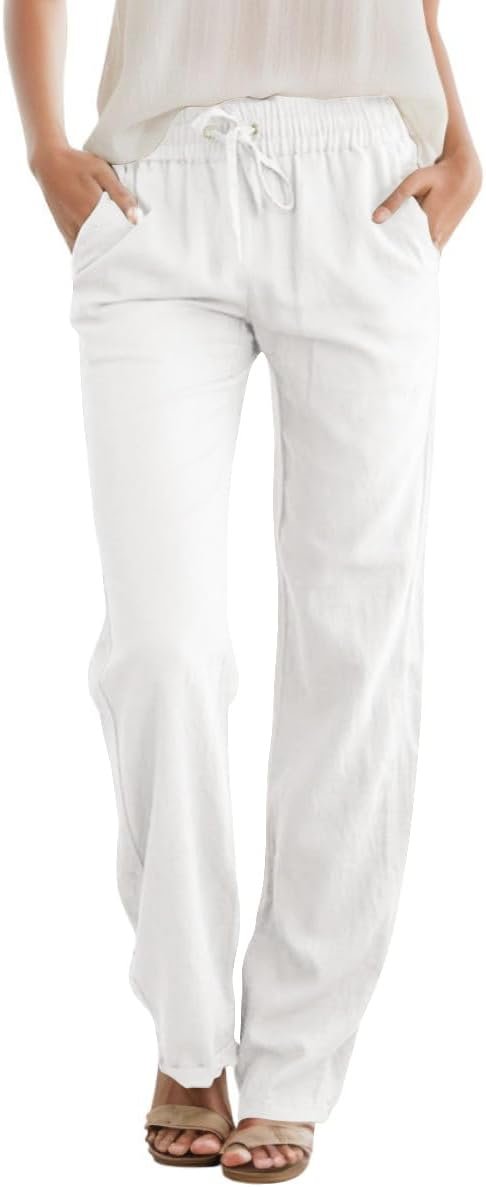 Womens Casual Linen High Waist Pants Drawstring Loose Fit Summer Pants Trousers with Side Pockets