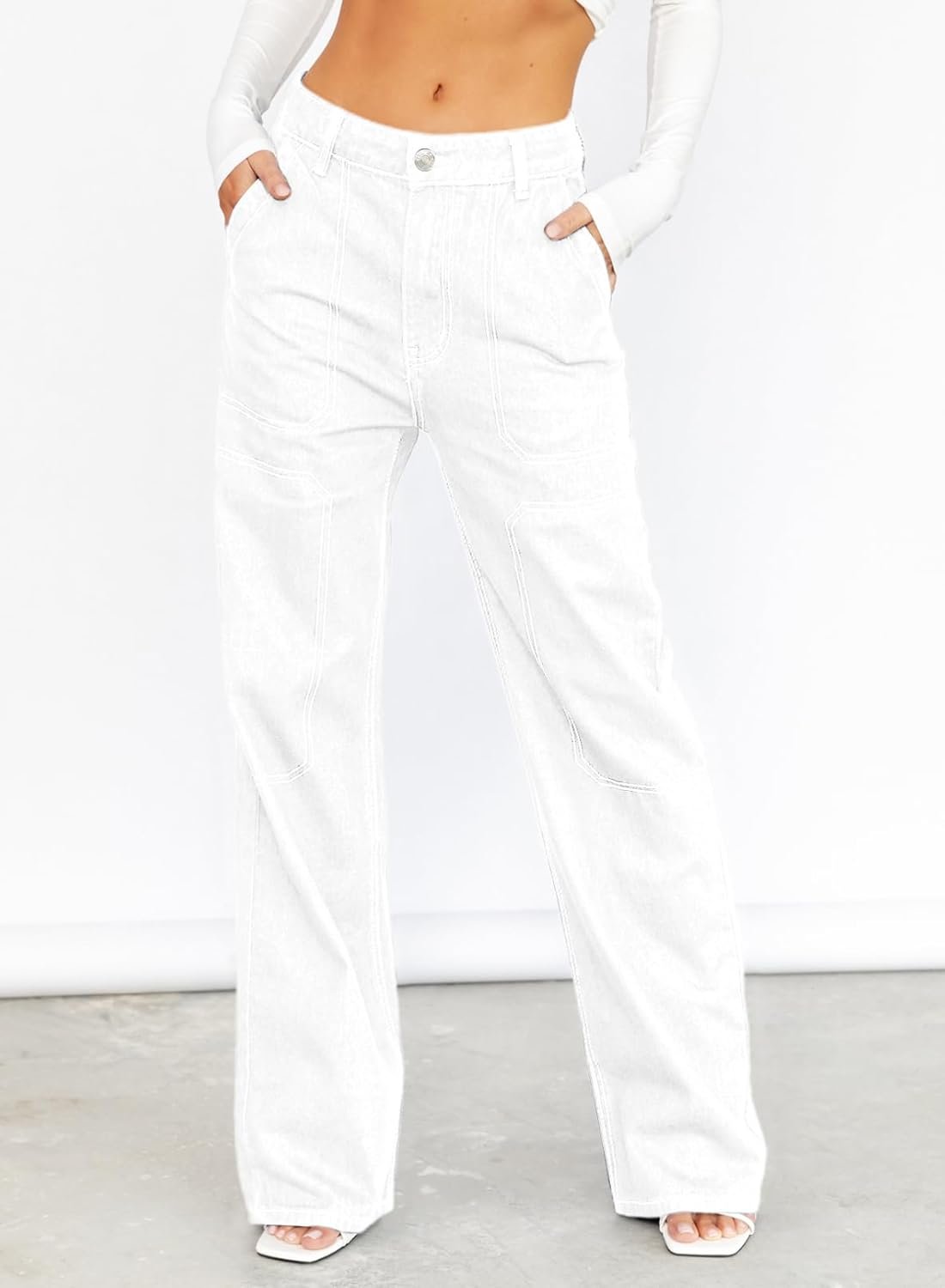 Women's Casual Mid Waist Cargo Jeans Stretch Wide Leg Denim Pants with Pockets