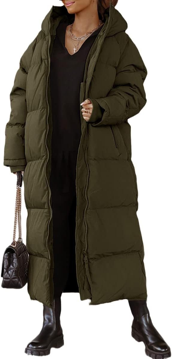 Women Long Quilted Coat Hooded Maxi Length Long Sleeve Puffer Jacket Padded Coat Winter Outerwear