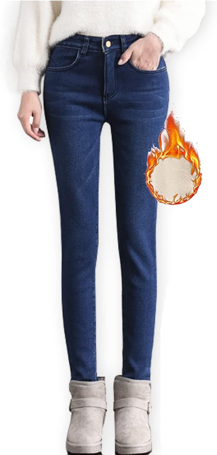 Winter Fleece Lined Jeggings for Women, High Waist Stretchy Thick Cashmere Jeans Plush Warm Thermal Denim Pants