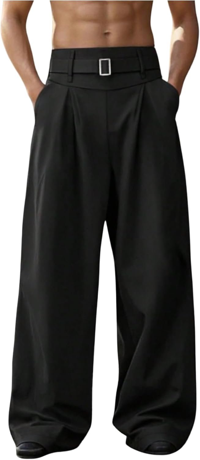 Men's Baggy Dress Pants Wide Leg Pleated Trousers Belted Chino Pants with Pockets