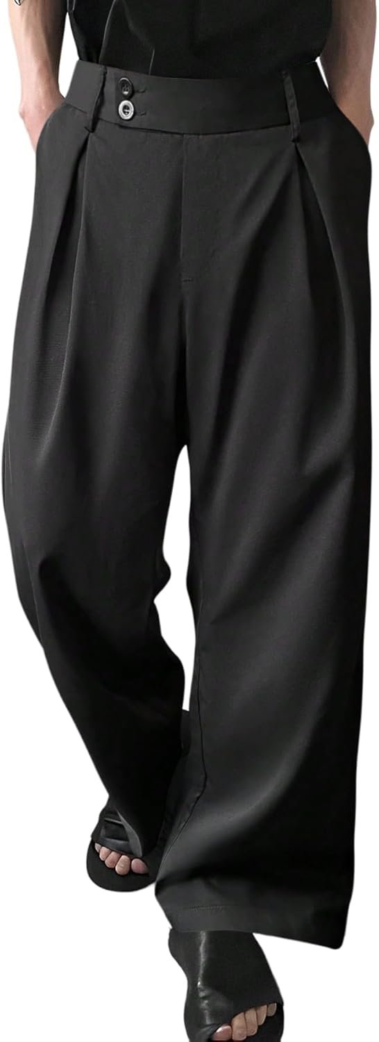 Men's Pleated High Waist Wide Leg Pants Loose Fit Casual Pants with Pocket