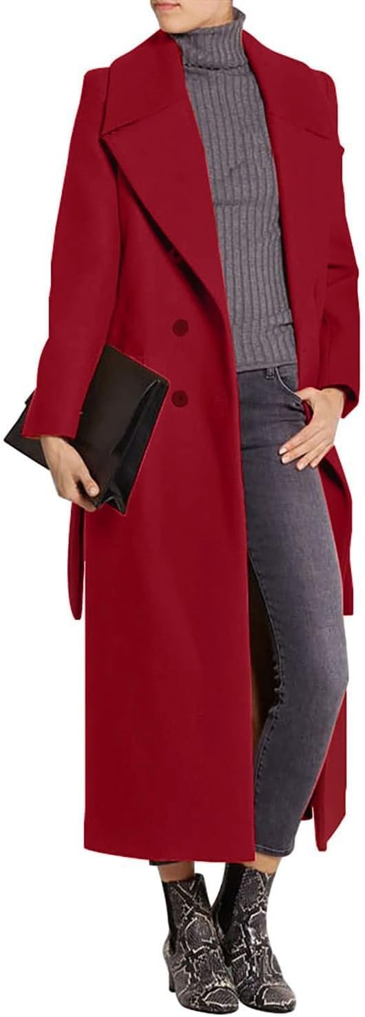 Women's Elegant Lapel Collar Double Breasted Regular Wool Blend Overcoat Coat Belt