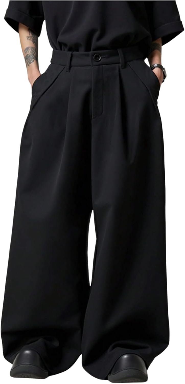 Men's Baggy Wide Leg Pants Zipper Fly Pleated Work Casual Long Trousers with Pocket
