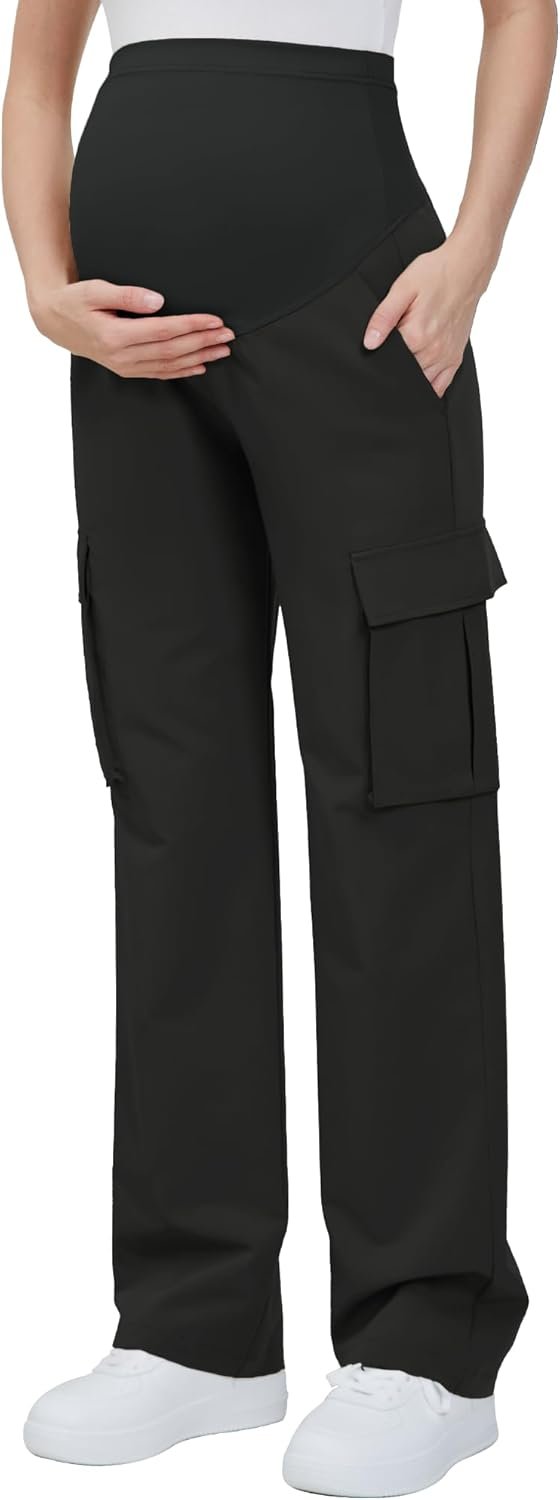 Women's Maternity Cargo Pants with Four Pockets Over The Belly Scrub Pants Pregnancy Clothes