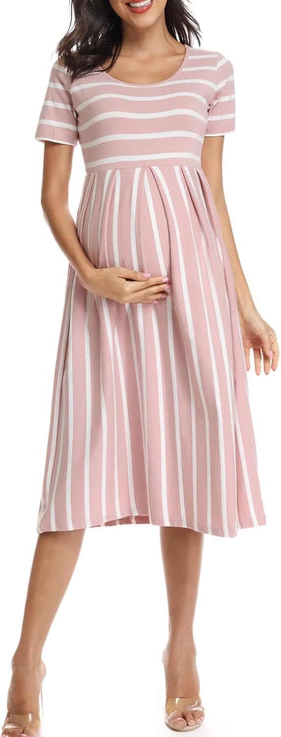 Women’s Casual Striped Maternity Dress Short Knee Length Pregnancy Clothes for Baby Shower