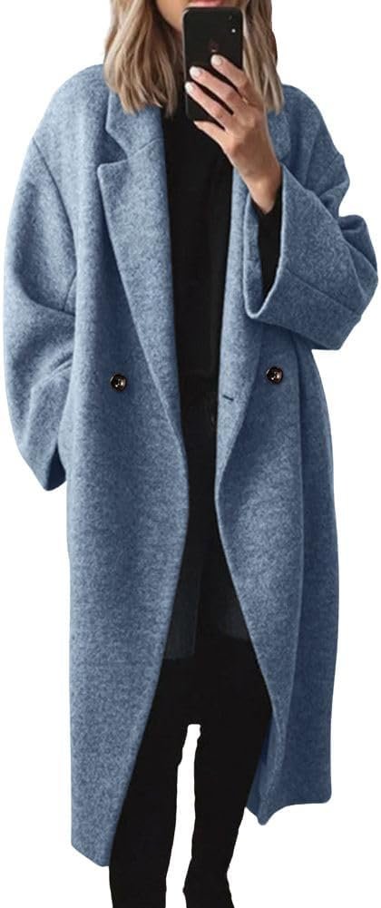 Women's Winter Double Breasted Wool Coat Long Sleeve Notch Lapel Long Trench Coat
