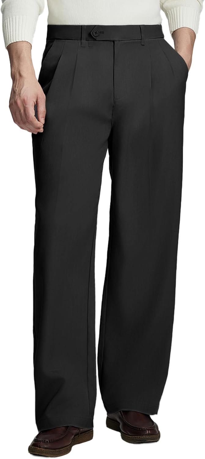 Mens Casual Dress Pants Pleated Baggy Wide Leg Vintage Relaxed Fit Slacks Work Office Trousers