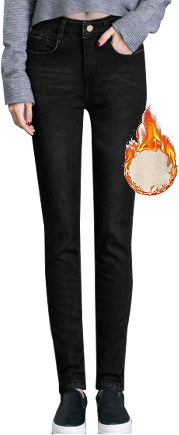 Womens Fleece Lined Thermal Jeans, Winter High Waisted Thick Flannel Pants Slim Fit Stretch Warm Jeggings