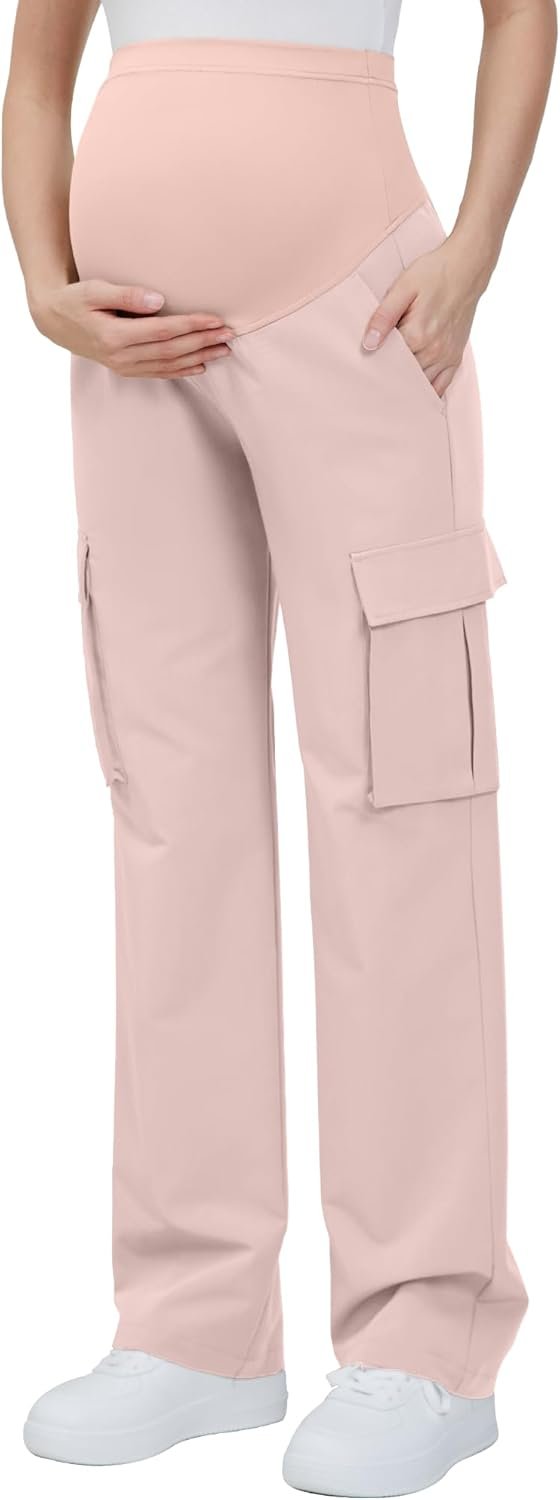 Women's Maternity Cargo Pants with Four Pockets Over The Belly Scrub Pants Pregnancy Clothes