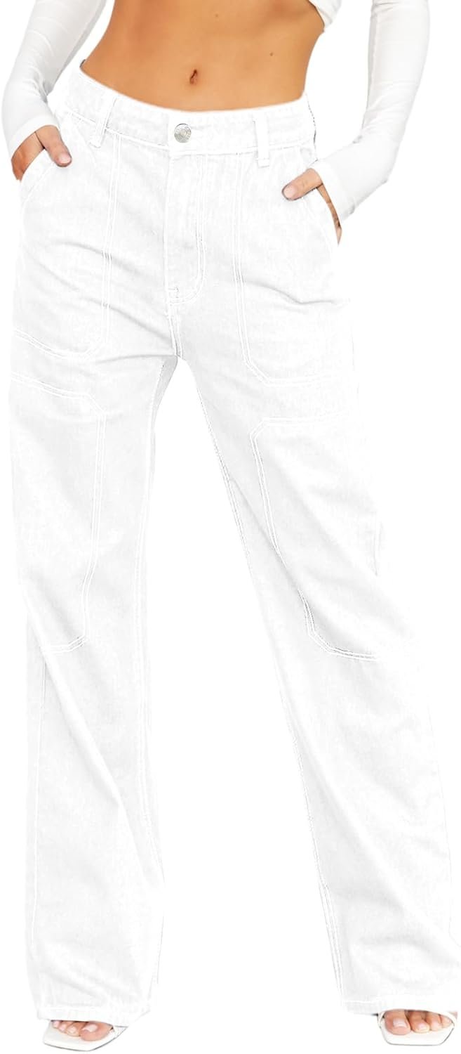 Women's Casual Mid Waist Cargo Jeans Stretch Wide Leg Denim Pants with Pockets