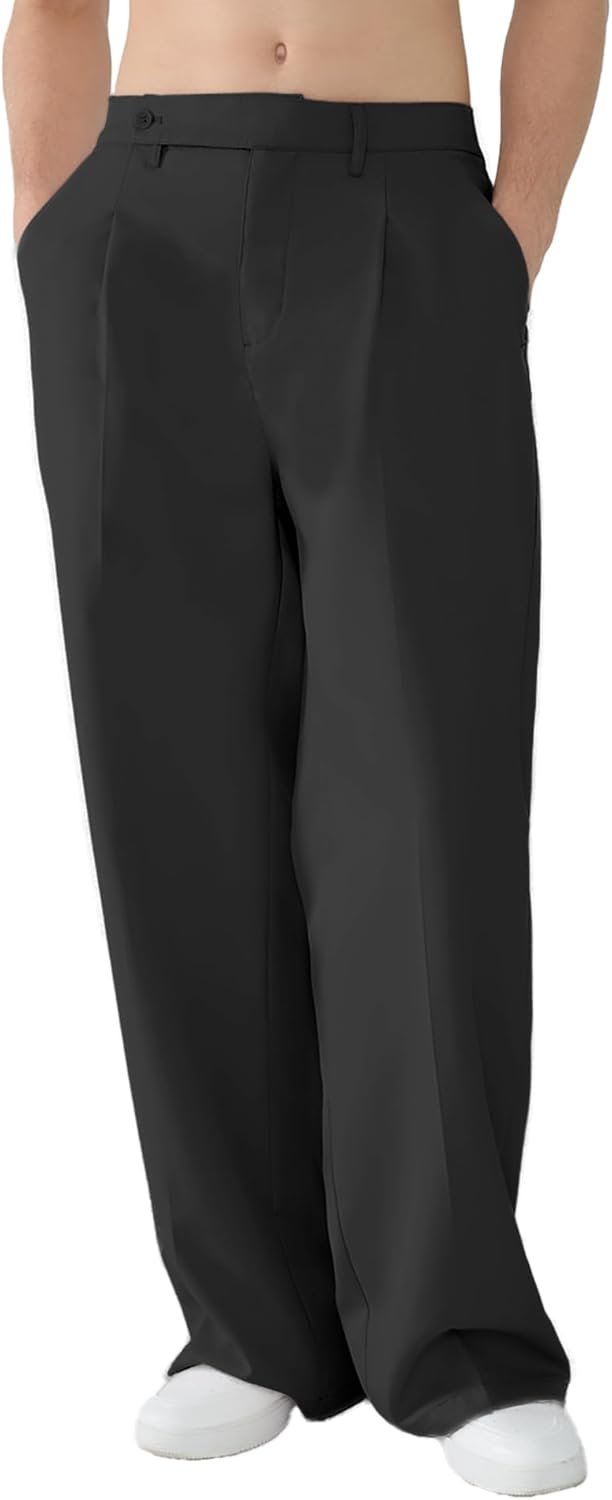Mens Casual Dress Pants Pleated Old Money Wide Leg Baggy Pants Slacks Relaxed Fit Lightweight Work Trousers