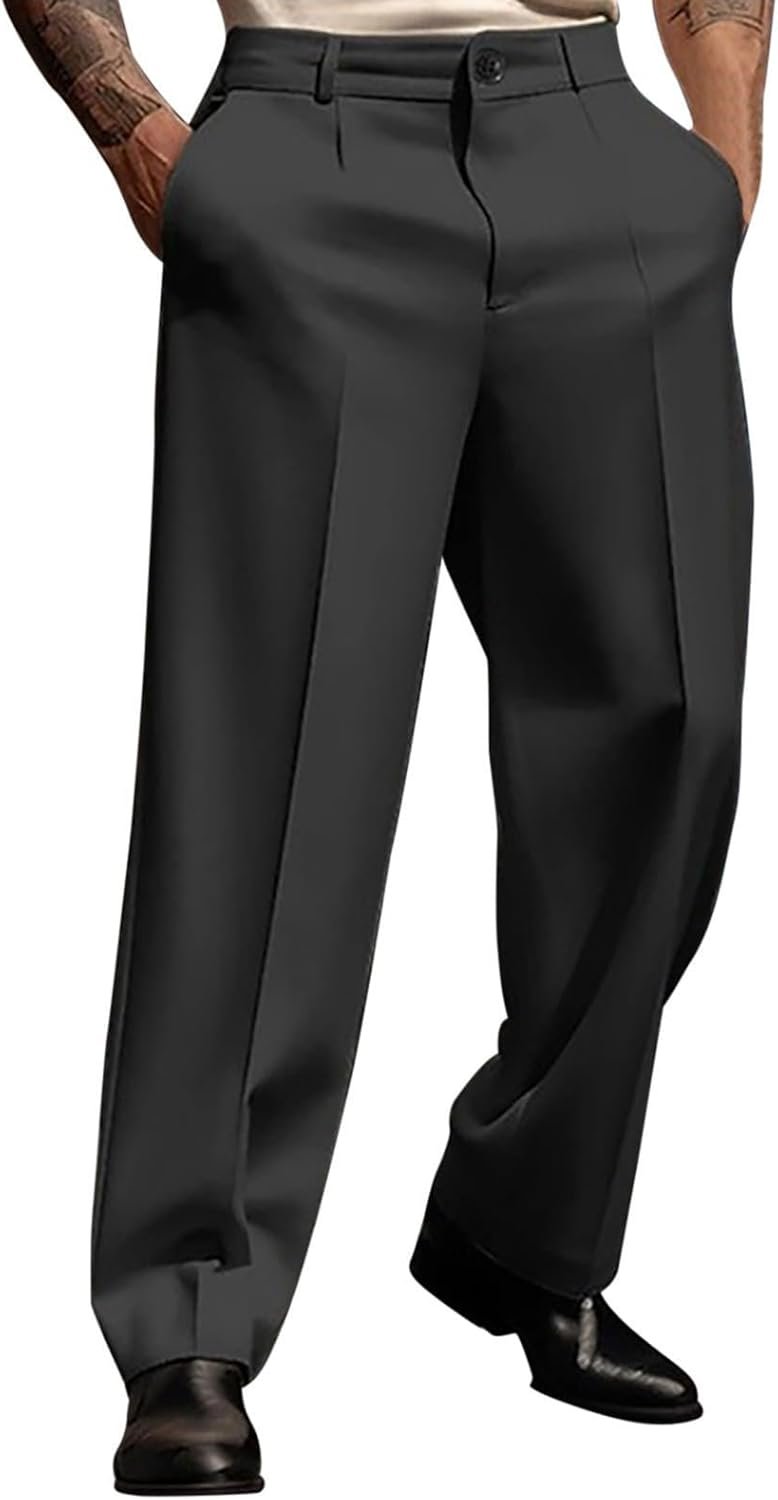 Mens Casual Dress Pants Pleated Wide Leg Baggy Pants Fall Relaxed Fit Slacks Work Trousers