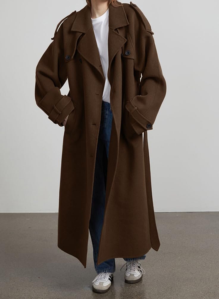 Women's Winter Double Breasted Wool Coat Long Sleeve Notch Lapel Midi Long Winter Trench Coat with Belt