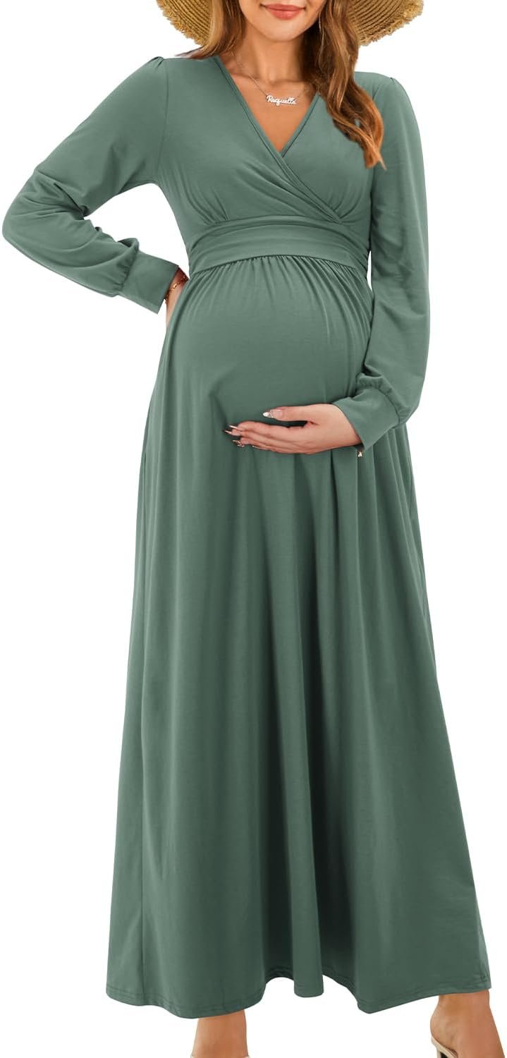 Maternity Maxi Dress Wrap V Neck Baby Shower Pregnancy Dresses for Photoshoot
