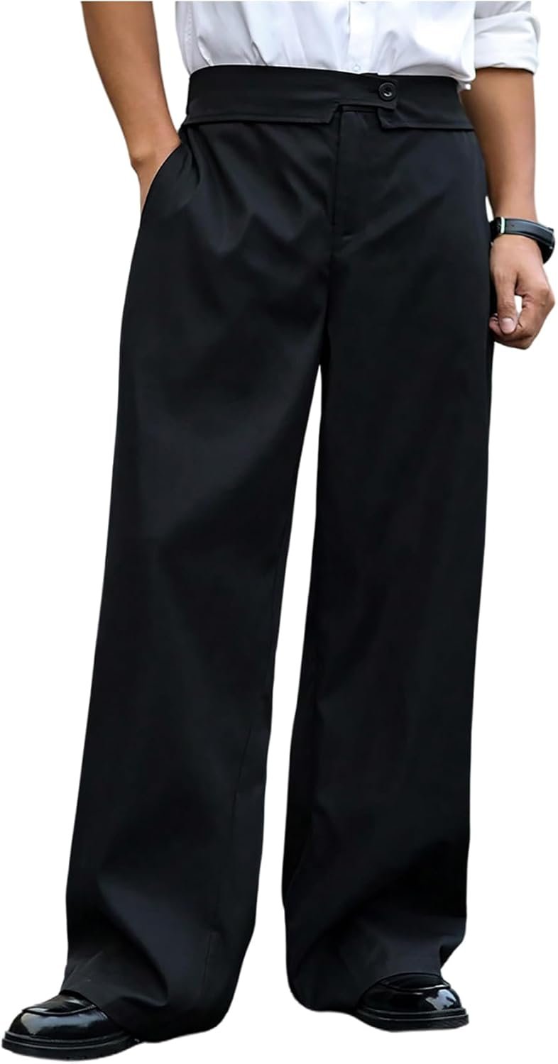 Men's Wide Leg Work Dress Pants Button Long Trousers with Pockets