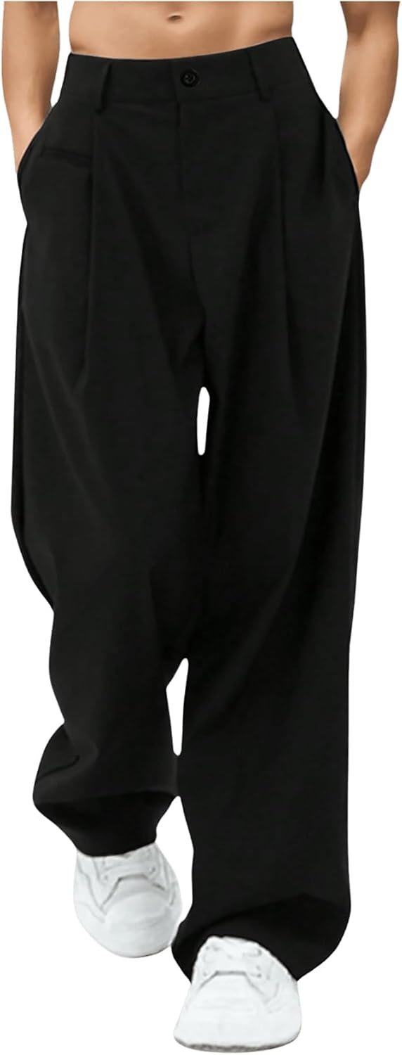 Men's Pleated Low Waist Suit Pants Office Work Wide Leg Loose Long Pants with Pocket