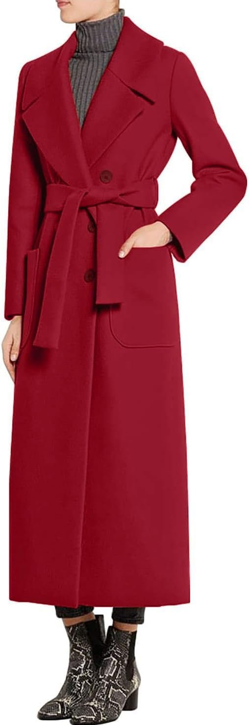 Women's Elegant Lapel Collar Double Breasted Regular Wool Blend Overcoat Coat Belt