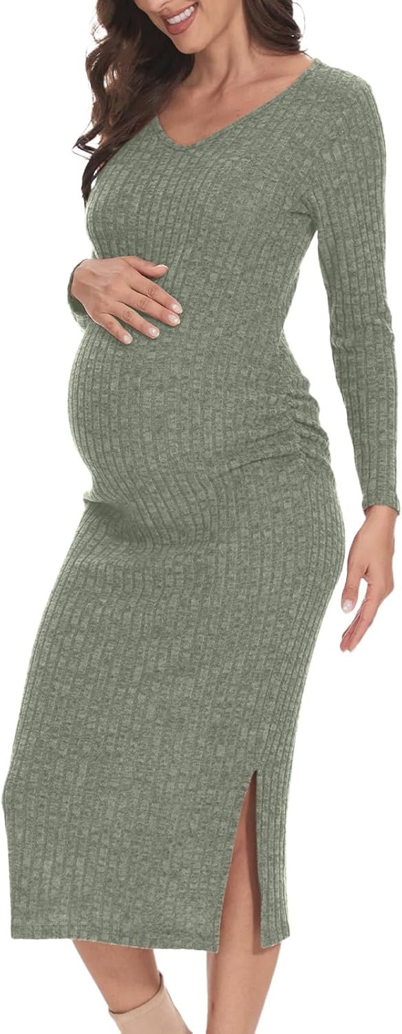 V Neck Side Ruch Knit Ribbed Maternity Bodycon Dress,Maternity Dress for Baby Shower