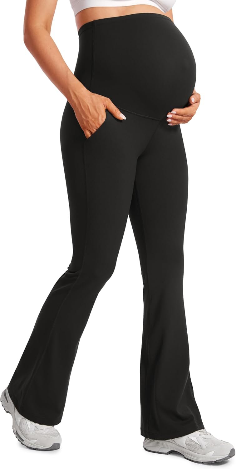 Women Maternity Flare Leggings with Pockets 31" - Workout Active Yoga Pregnancy Pants Over The Belly Soft
