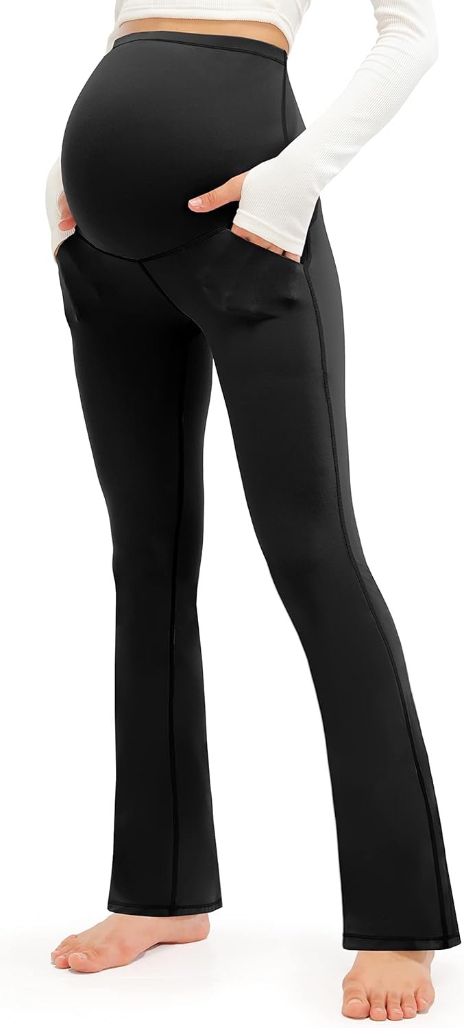 Smooth Feeling Maternity Bootcut Pants with Pockets Over The Belly Pregnancy Yoga Pants for Work Casual