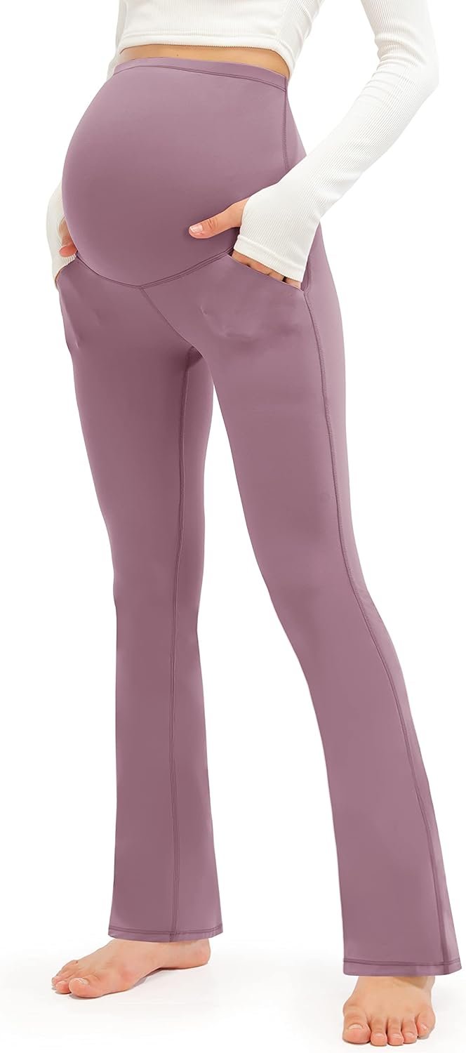 Smooth Feeling Maternity Bootcut Pants with Pockets Over The Belly Pregnancy Yoga Pants for Work Casual
