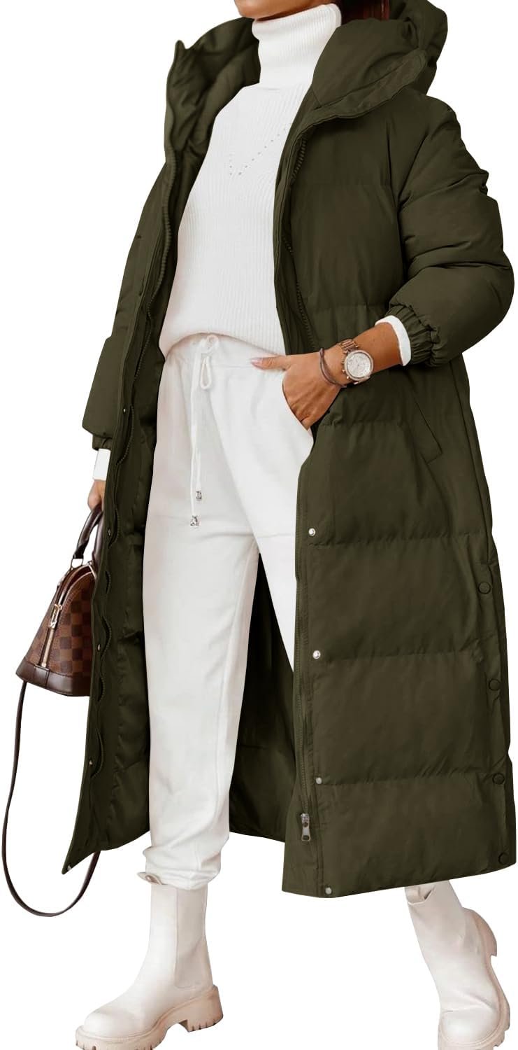 Women Long Quilted Coat Winter Hooded Long Sleeve Button Down Puffer Padded Jacket