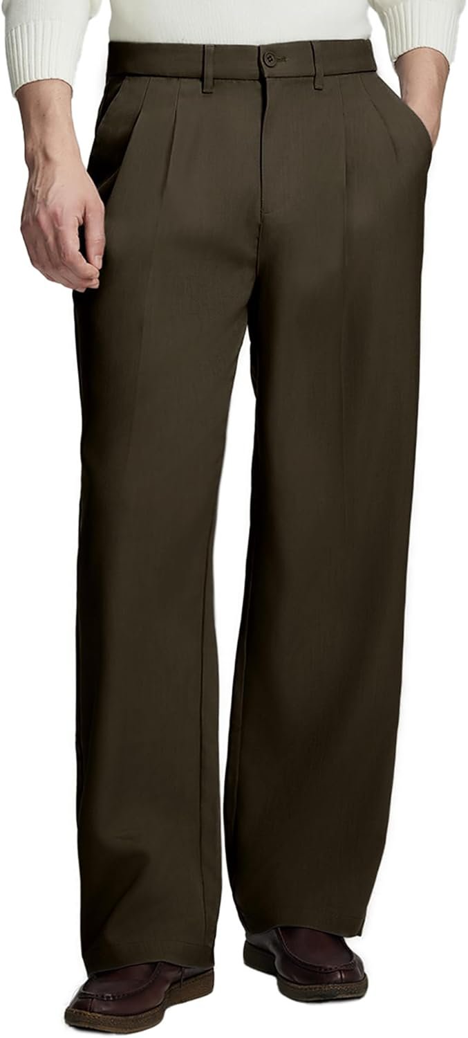 Mens Casual Dress Pants Pleated Baggy Wide Leg Slacks Vintage Stylish Relaxed Fit Work Trousers