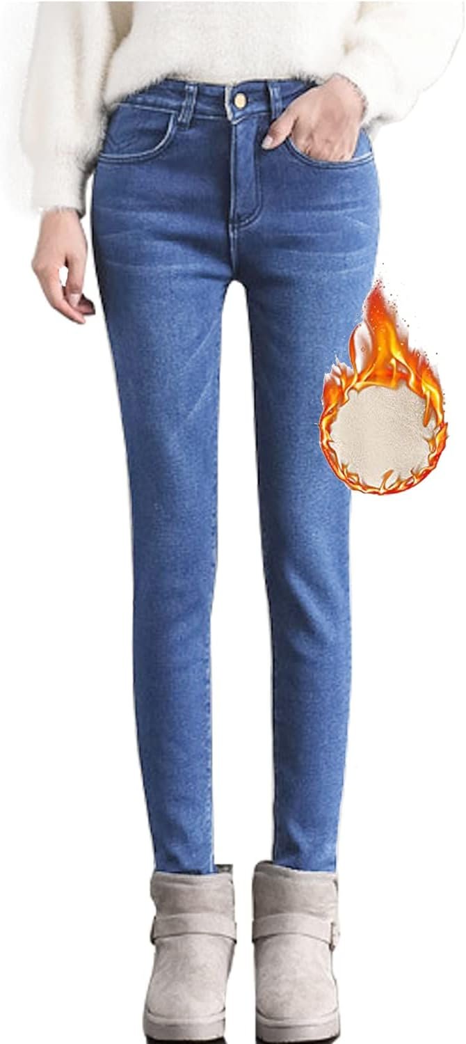 Winter Fleece Lined Jeggings for Women, High Waist Stretchy Thick Cashmere Jeans Plush Warm Thermal Denim Pants