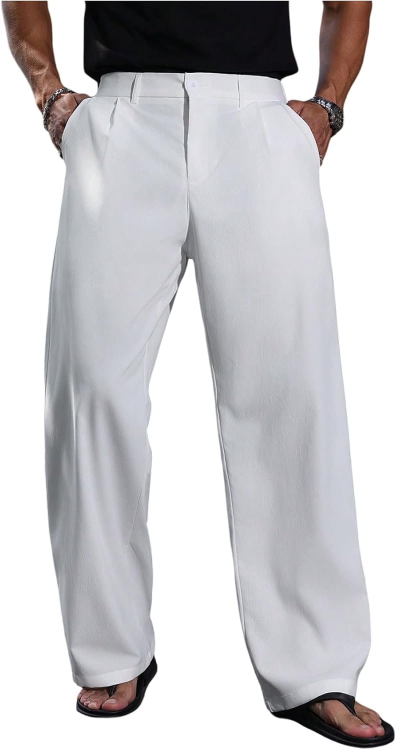 Men's Baggy Dress Pants Pleated Wide Leg Slacks Work Office Business Casual Trousers