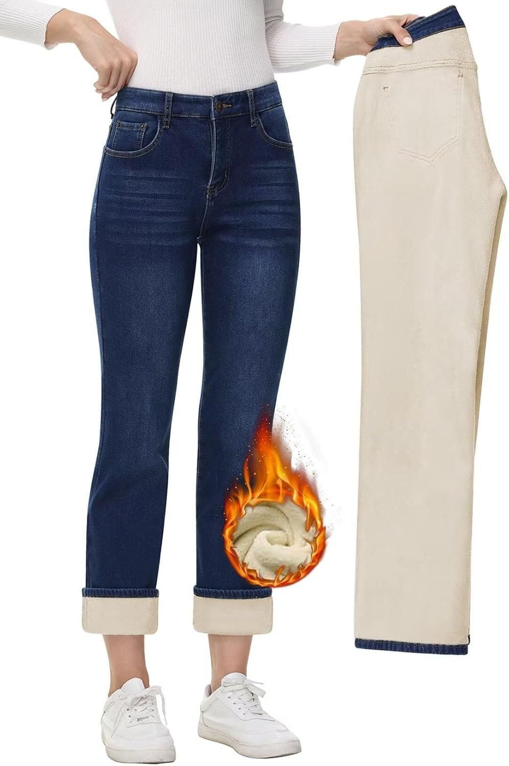 Women's Fleece Lined Jeans Women Straight Leg Jeans Winter High Waisted Fleece Lined Denim Pants