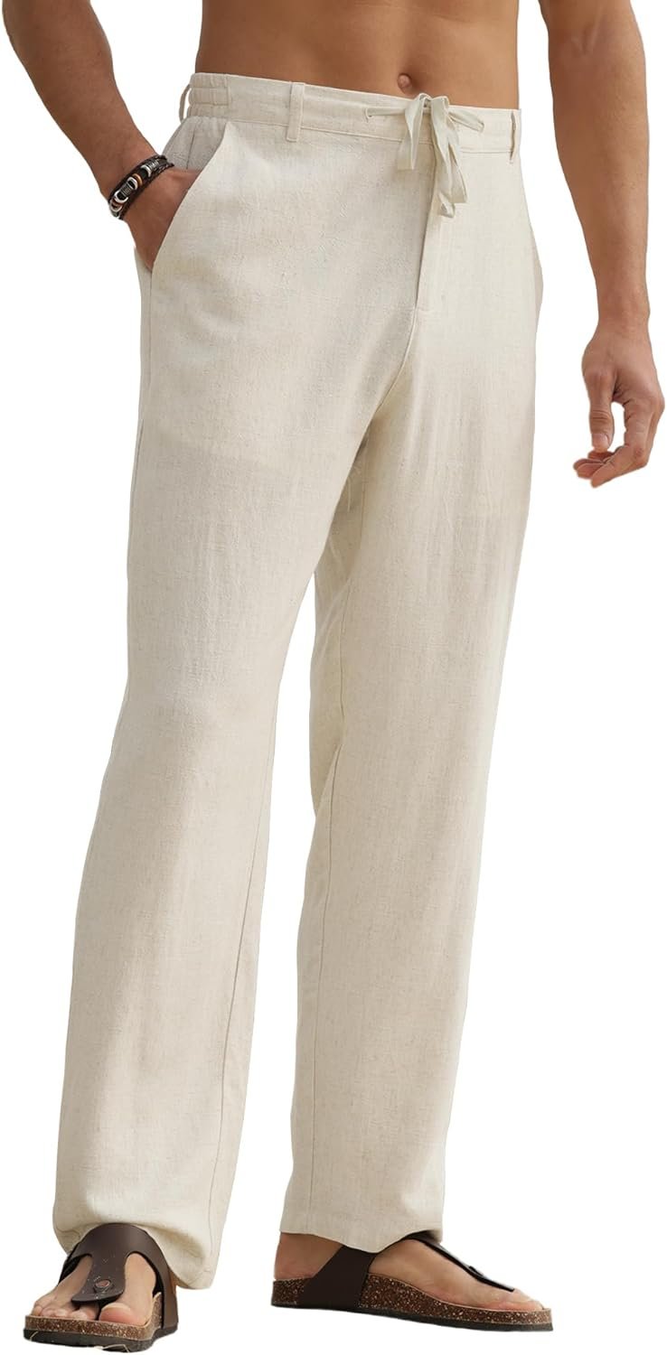 Men's Linen Pants Casual Beach Summer Vacation Linen Dress Pants Loose Fit