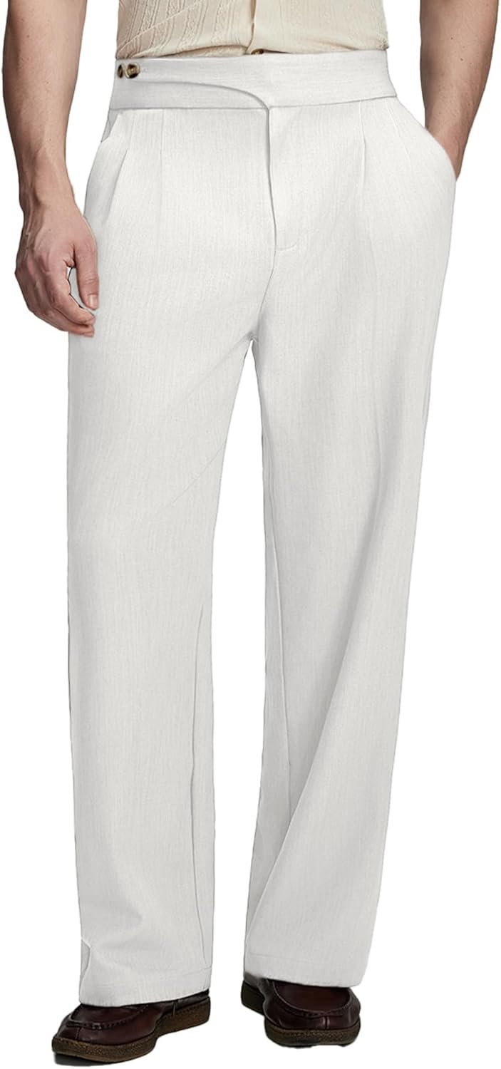 Mens Baggy Dress Pants Vintage Pleated Wide Leg Pants Summer Casual Slacks Relaxed Fit Trousers