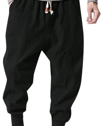 Men's Baggy Harem Pants Loose fit Elastic Waist Drawstring Casual Linen Hippie Dance Trousers with Pockets