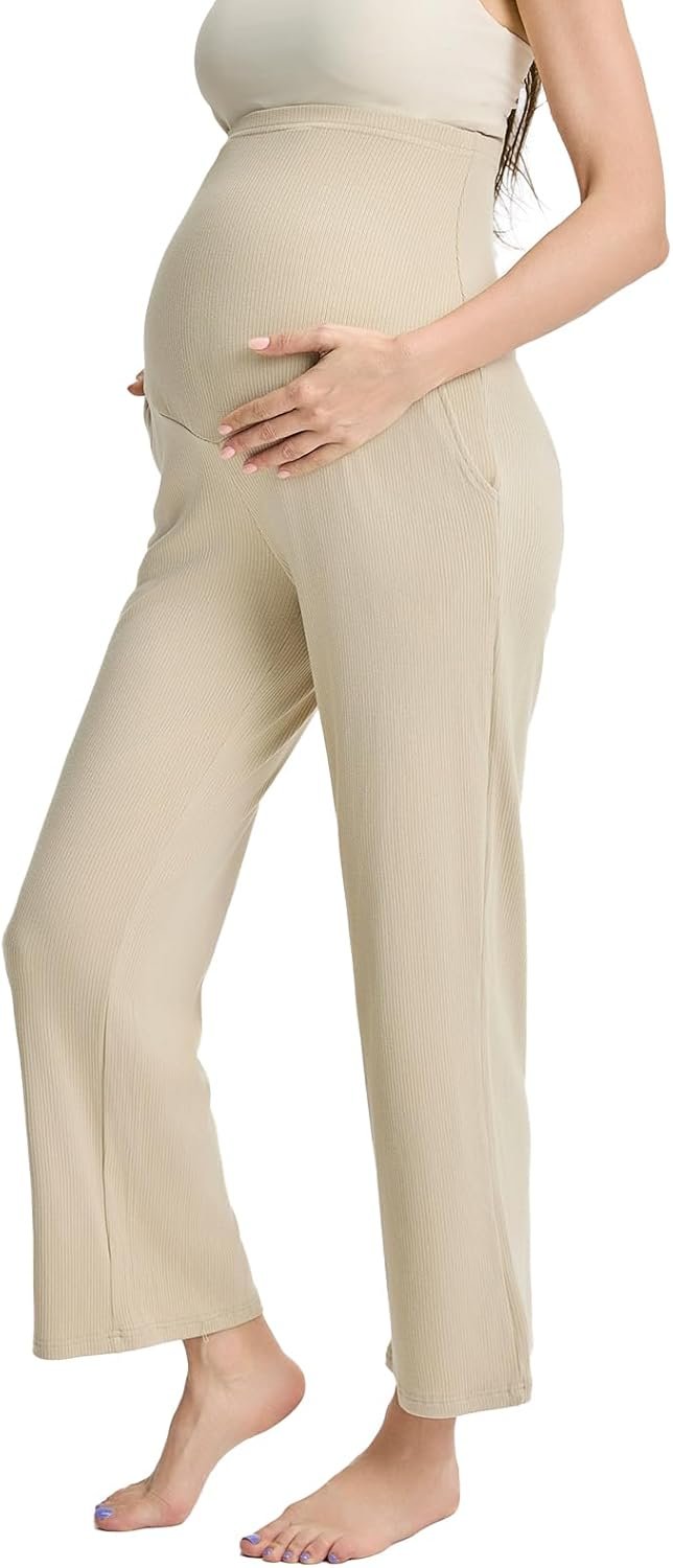 Womens Maternity High Waisted Lounge Pants Casual Stretchy Ribbed Palazzo Pants Pregnancy Trousers with Pockets