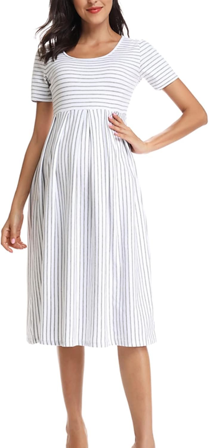 Women’s Casual Striped Maternity Dress Short Knee Length Pregnancy Clothes for Baby Shower