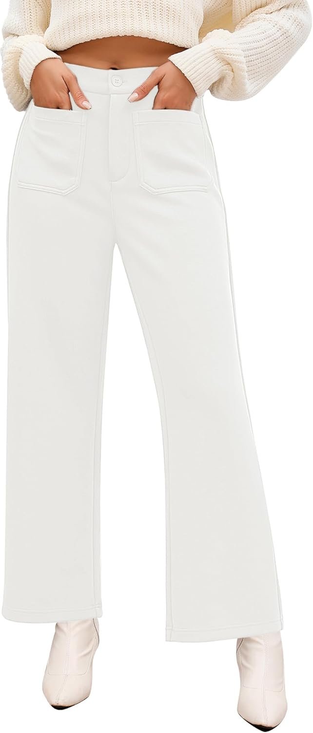 Wide Leg Pants Woman High Waisted Business Casual Elastic Waist Cropped Trouser Pockets Stretch Fall Knit Pants