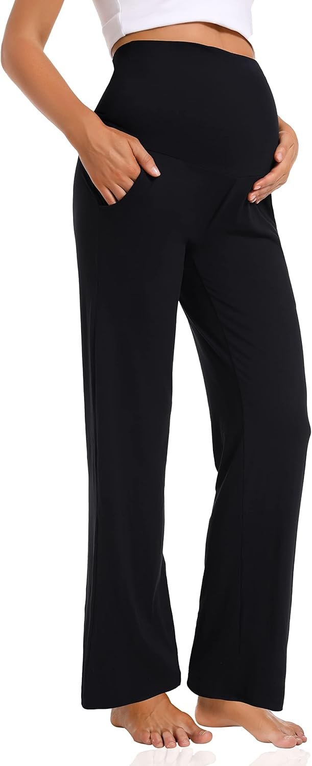 Women's Maternity Pants Casual Loose Wide Leg Cozy Pant Pregnancy Palazzo Lounge Trousers with Pockets