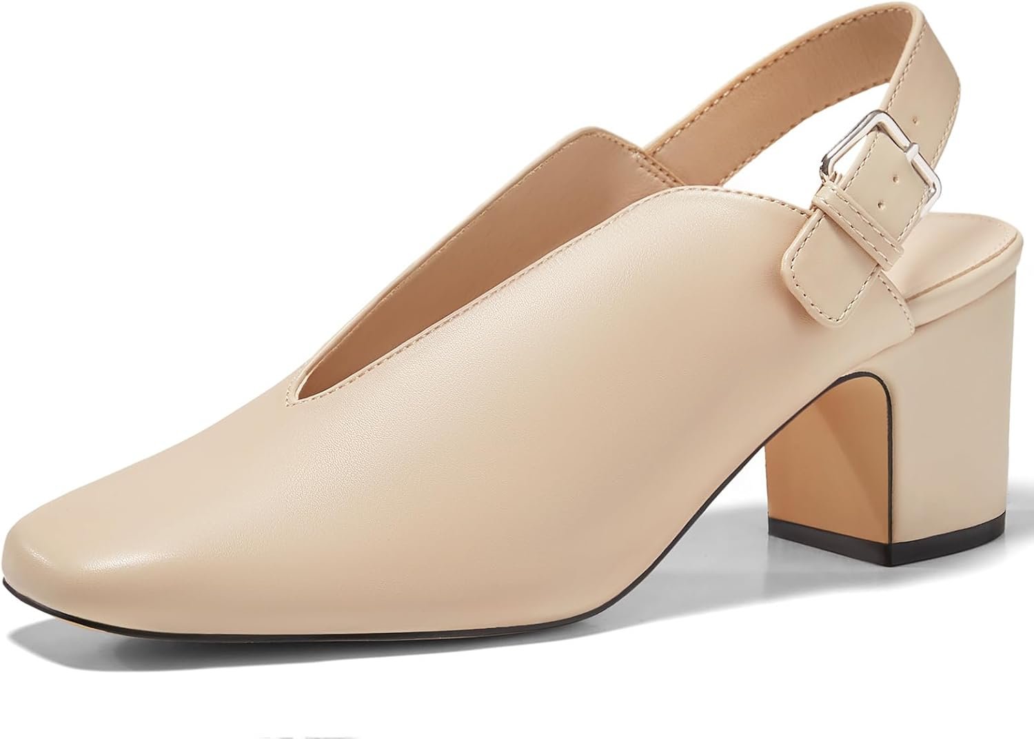 Womens Chunky Block Slingback Heels Closed Square Toe V Cut Metal Buckle Comfortable Office Dress Pumps Shoes