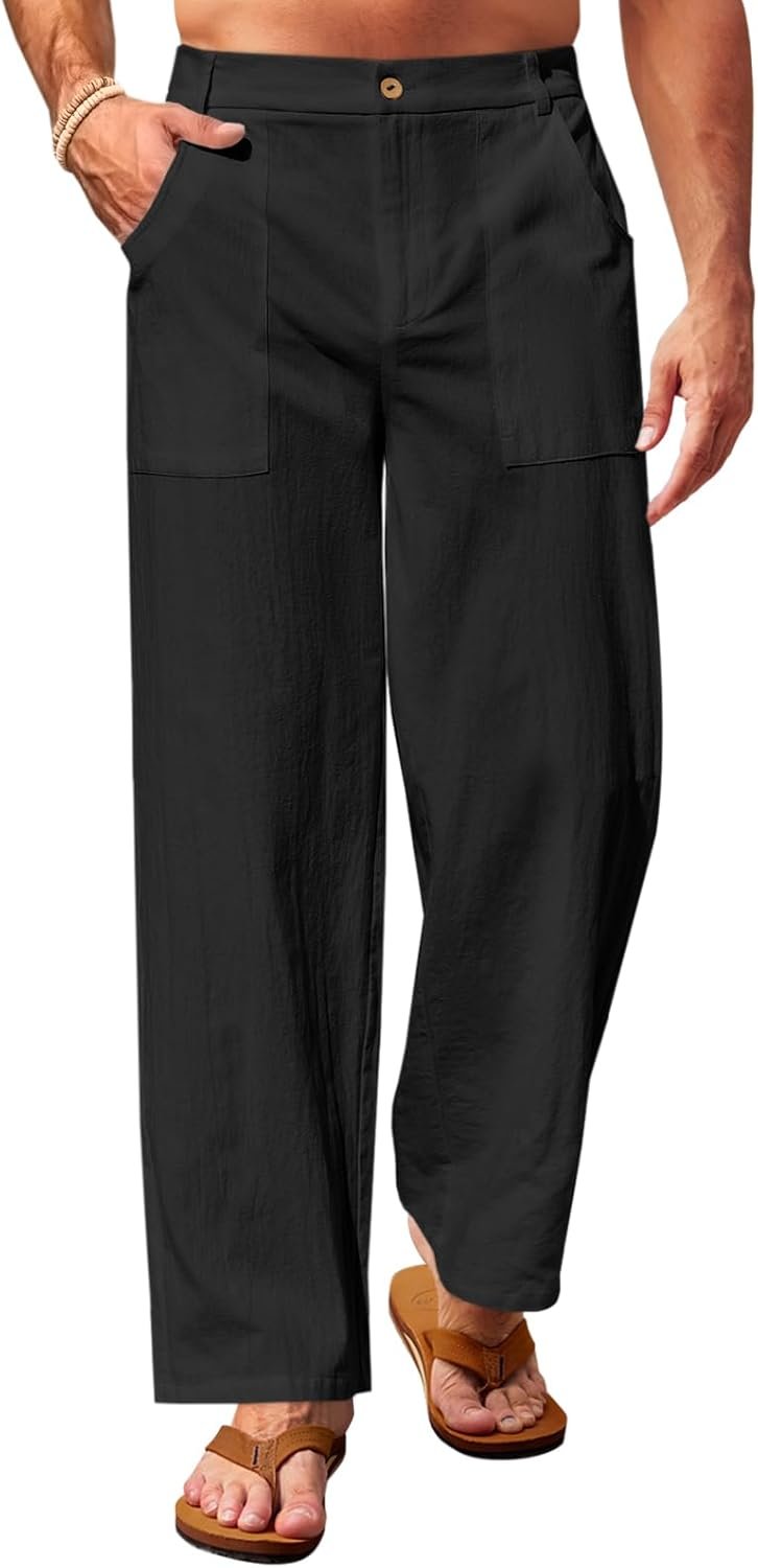Mens Casual Cotton Pants Loose Fit Lightweight Elastic Waist Pants Baggy Wide Leg Summer Beach Yoga Linen Trousers