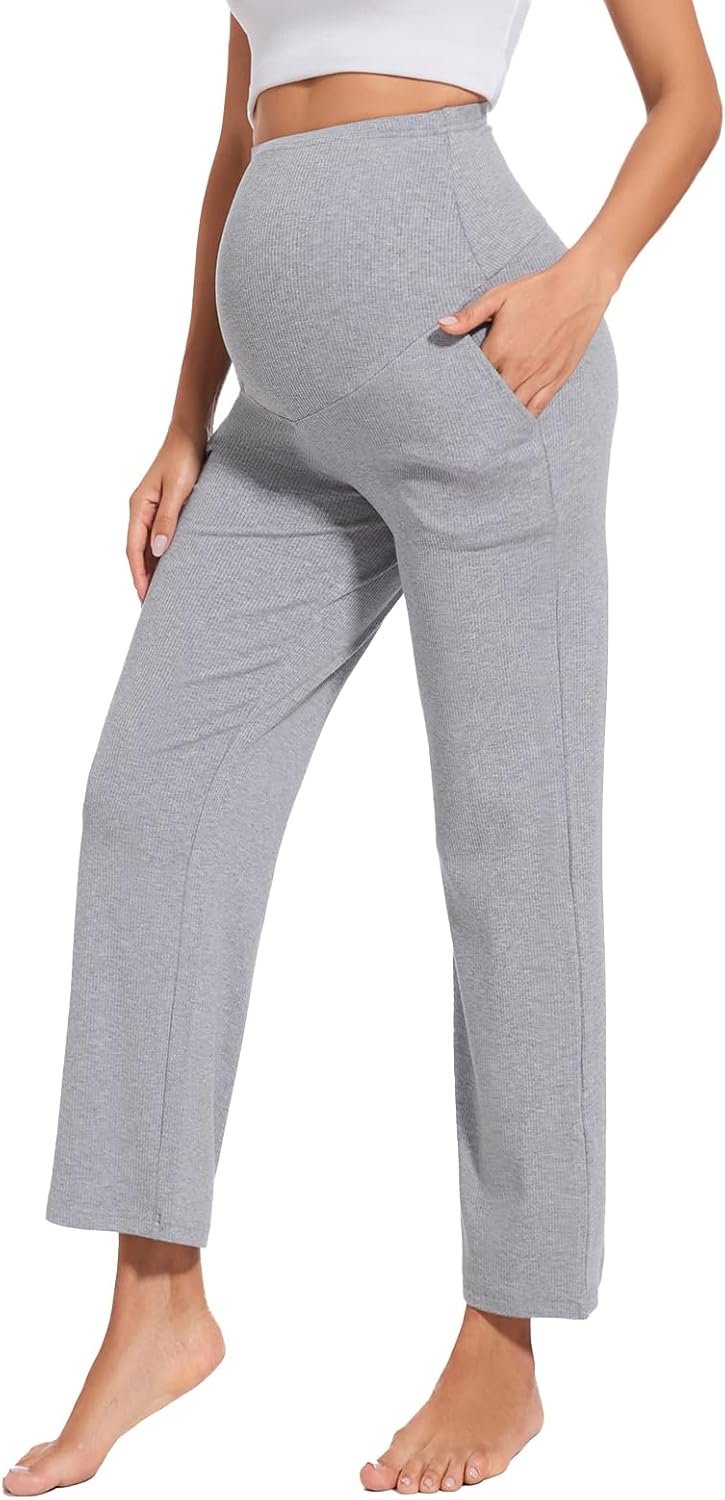 Womens Maternity High Waisted Lounge Pants Casual Stretchy Ribbed Palazzo Pants Pregnancy Trousers with Pockets