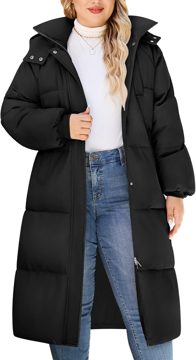 Womens Plus Size Winter Coats Long Puffer Jackets Hooded Quilted Water Repellent Warm Trendy Parka Outerwear 2025