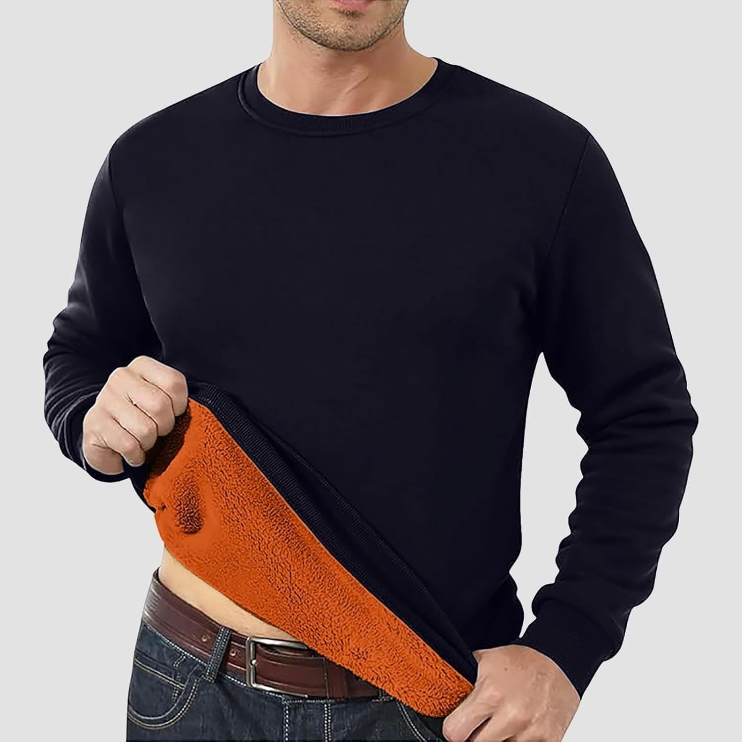 Men's Lined Sweatshirts Fall Premium Heavy-Weight Thermal Shirt Men Base Layer Long Sleeve Round Neck Undershirts