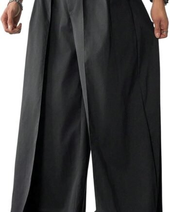 Men's Wide Leg Pleated Pants Zipper Fly Baggy Pants Casual Business Dress Pants