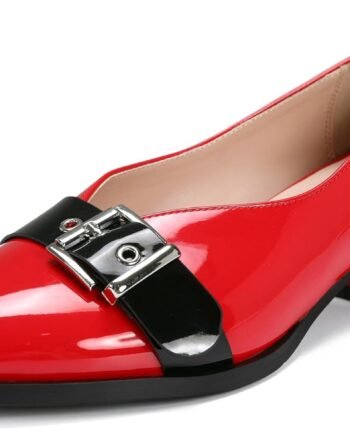 Womens Mid-high Red Heel Shoes Overlapping Square Chunky Heel Pointed Toe Pumps Shiny Black Patent Leather Shoes