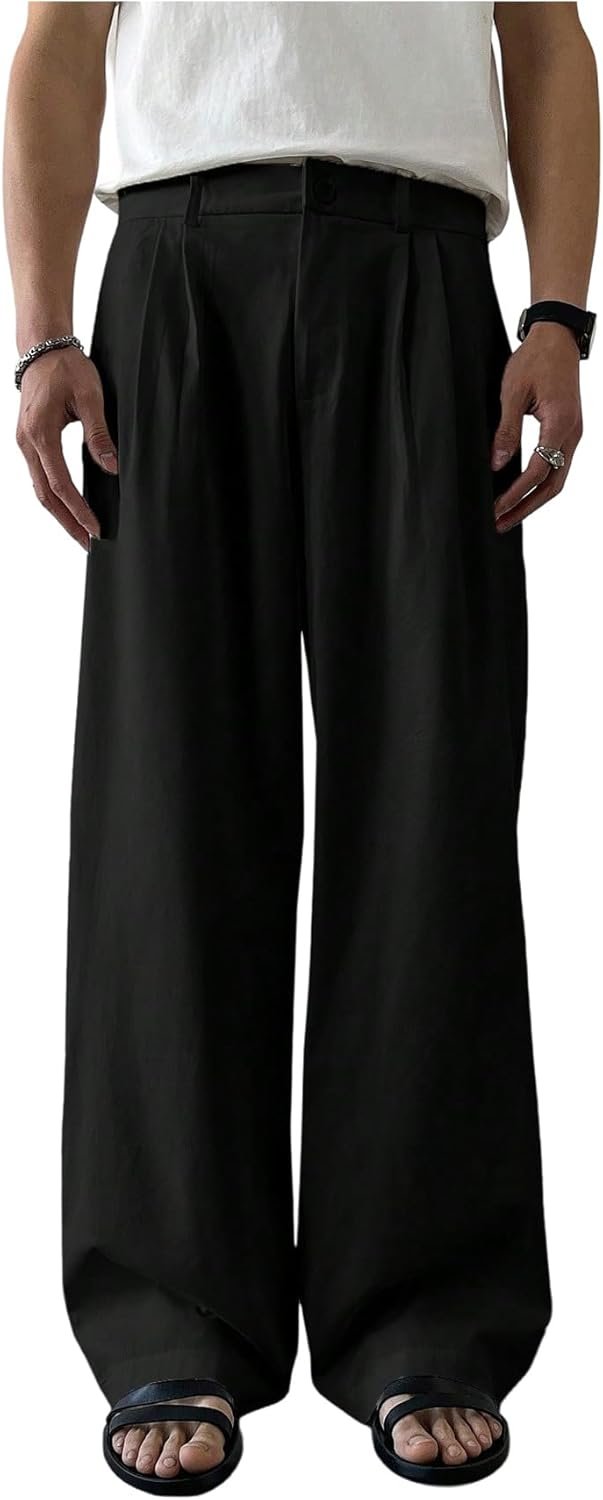 Men's Wide Leg Baggy Dress Pants Loose Pleated Casual Trousers with Pocket