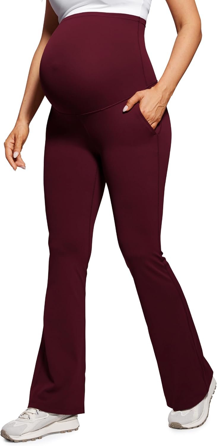 Women Maternity Flare Leggings with Pockets 31" - Workout Active Yoga Pregnancy Pants Over The Belly Soft