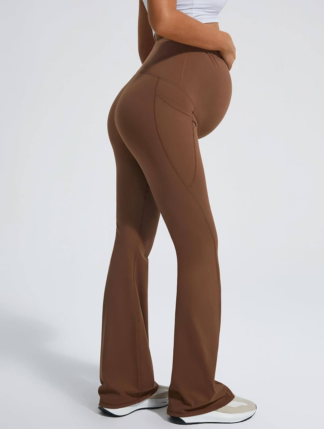 Smooth Feeling Flare Maternity Leggings Over The Belly with Pockets Soft Bootcut Pregnancy Yoga Pants