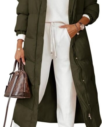 Women Long Quilted Coat Winter Hooded Long Sleeve Button Down Puffer Padded Jacket