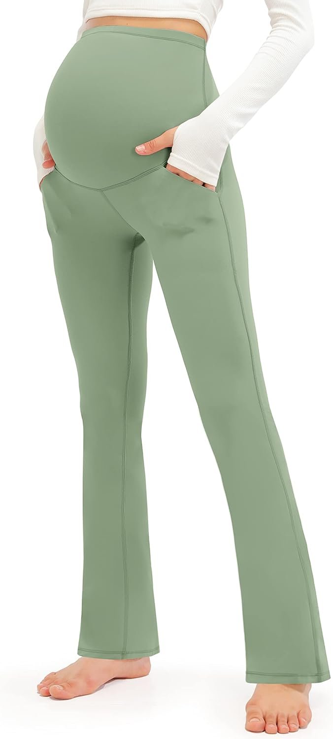 Smooth Feeling Maternity Bootcut Pants with Pockets Over The Belly Pregnancy Yoga Pants for Work Casual